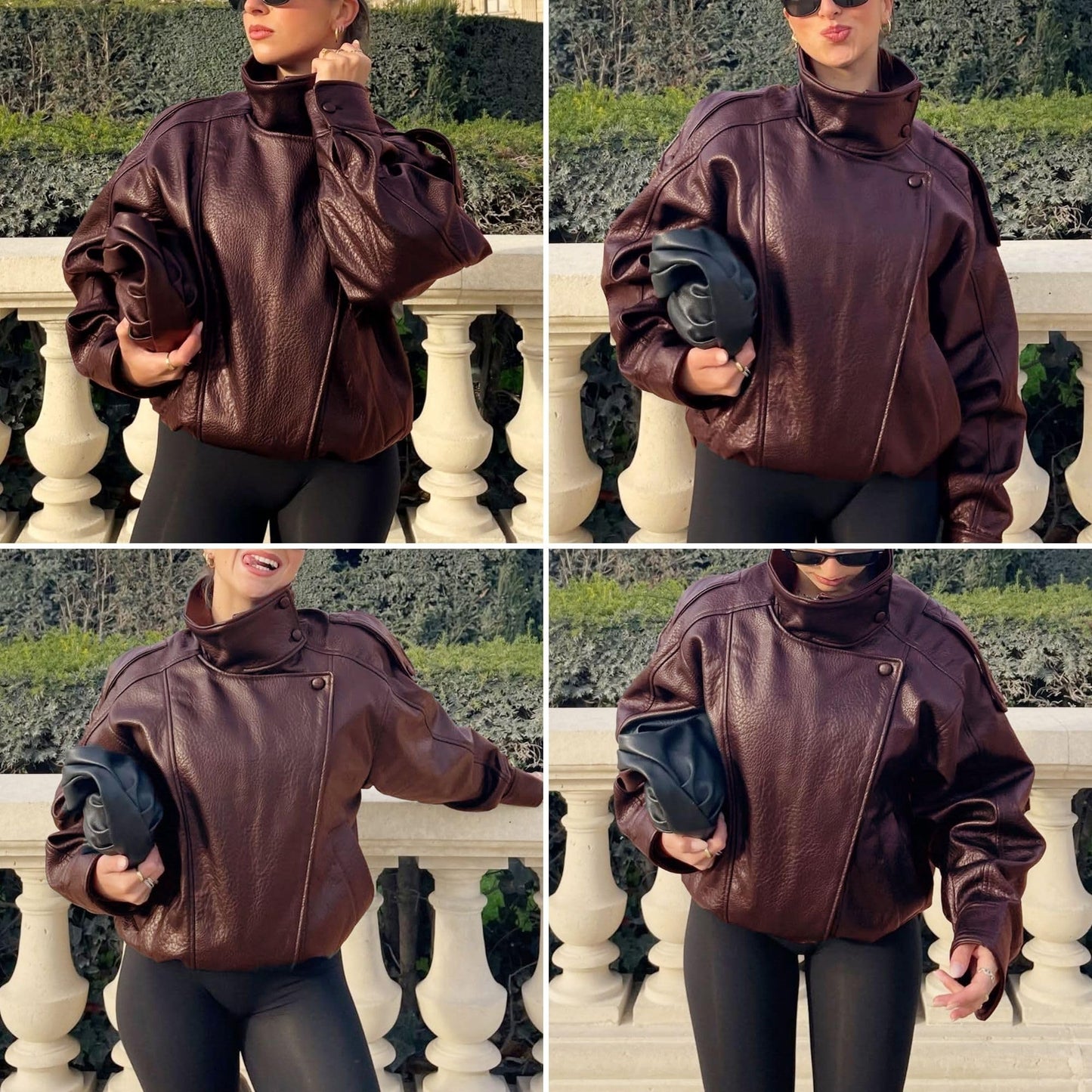 FindThy Women’s Oversized Faux Leather Jacket Casual High Collar Long Sleeve Zip Up Fall Fashion Motorcycle Coats(4201-Burgundy-S-LB)
