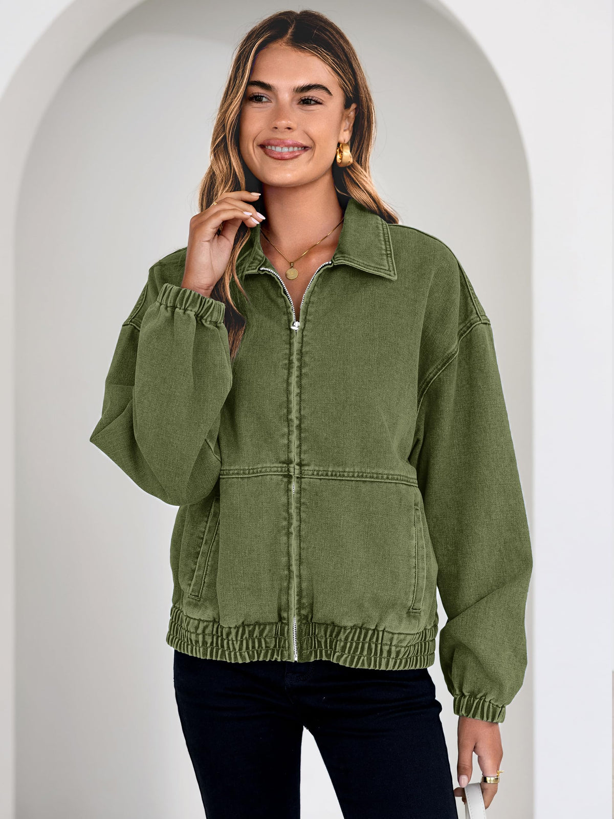 Glamaker Womens Oversized Jean Jacket Spring Lightweight Long Sleeve Bomber Denim Jacket with Zip Front and Pockets for Trendy Fashion (Army Green L)
