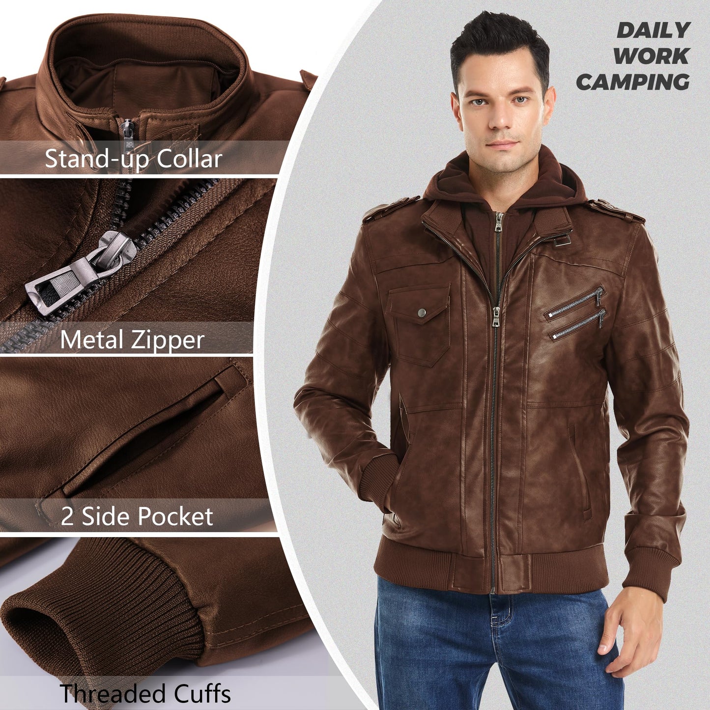 JYG Men's Faux Leather Jacket Stand Collar Motorcycle Bomber Jackets with Removable Hood (Brown,2XL)