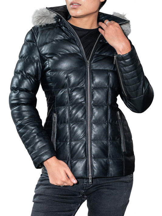 Jild Lambskin Leather Puffer Jacket Womens - Quilted Style Long Sleeves Womens Hooded Fur Winter Coat (Puf.Wo-Blk-L)