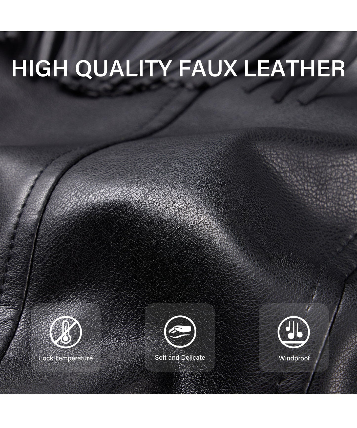 XULIKU Women Faux Leather Jacket, Fall Spring Lapel Short Vegan Zipper Up Fringe Tassel Trim Pleather Coat with Belt,Black,M