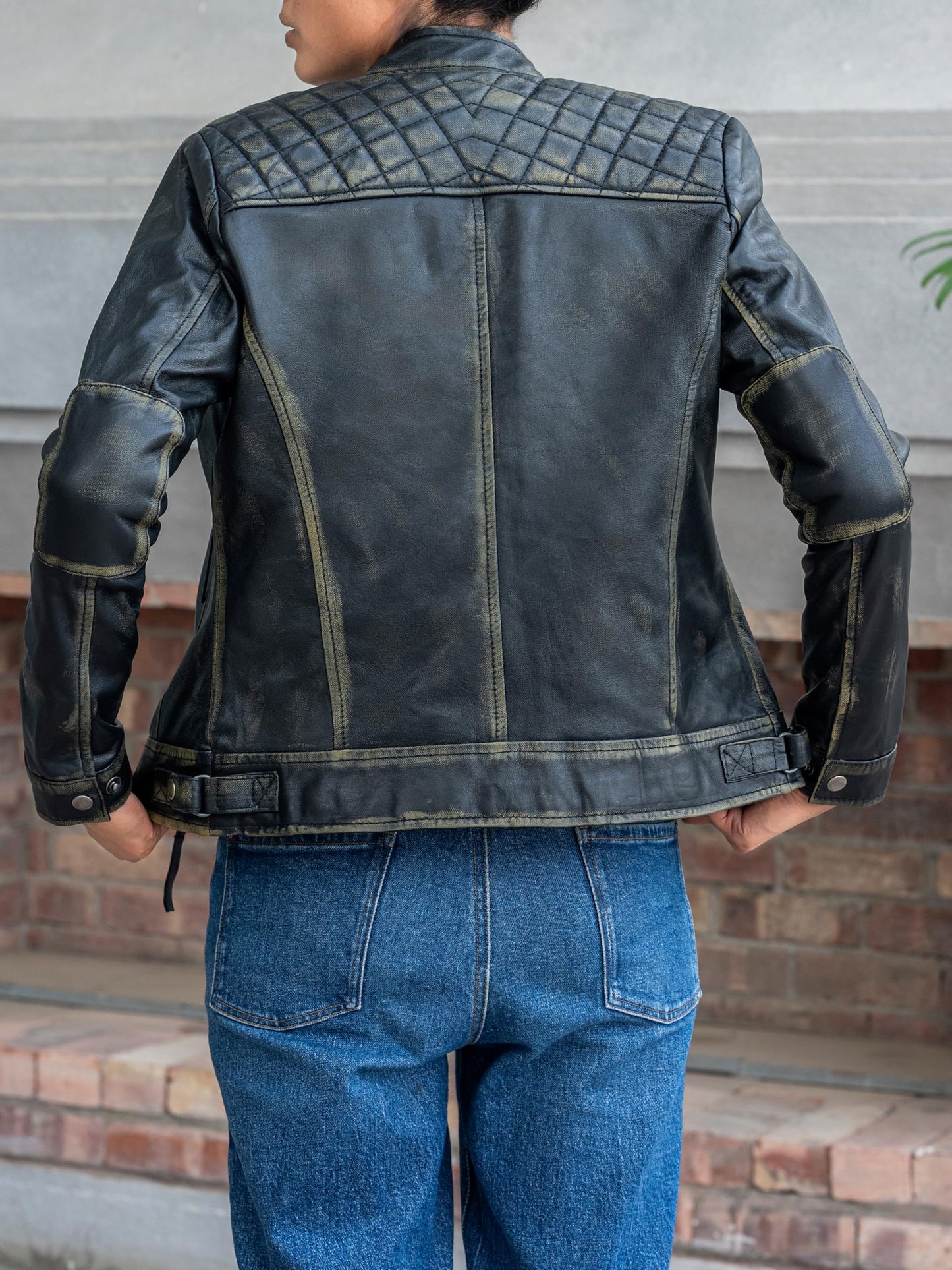 Jild Quilted Design Leather Jacket Women - Cafe Racer Style Real Lambskin Womens Leather Jacket (DW-Distressed-M)
