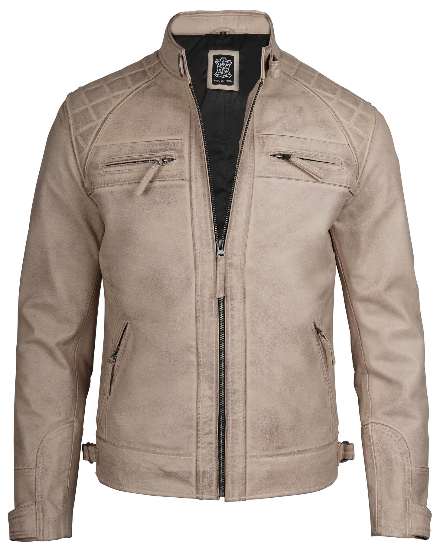 Decrum Disc Cafe Racer Leather Jacket - Men Leather Jacket | [1129277] D1 Wrm Bge, XXXL