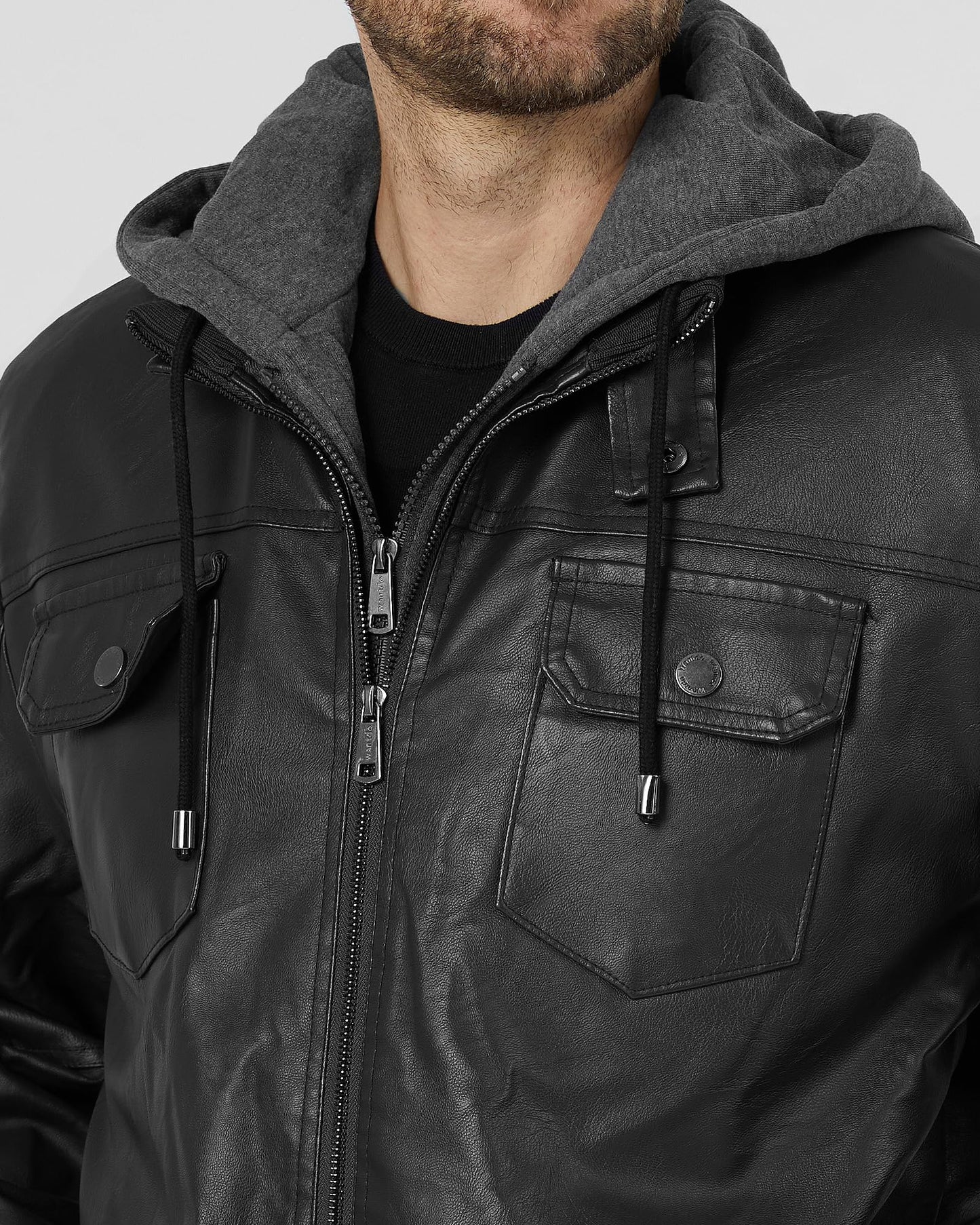 Wantdo Men's Faux Leather Motorcycle Jacket Slim Fit Warm Winter Jackets with Removable Hood Black Large