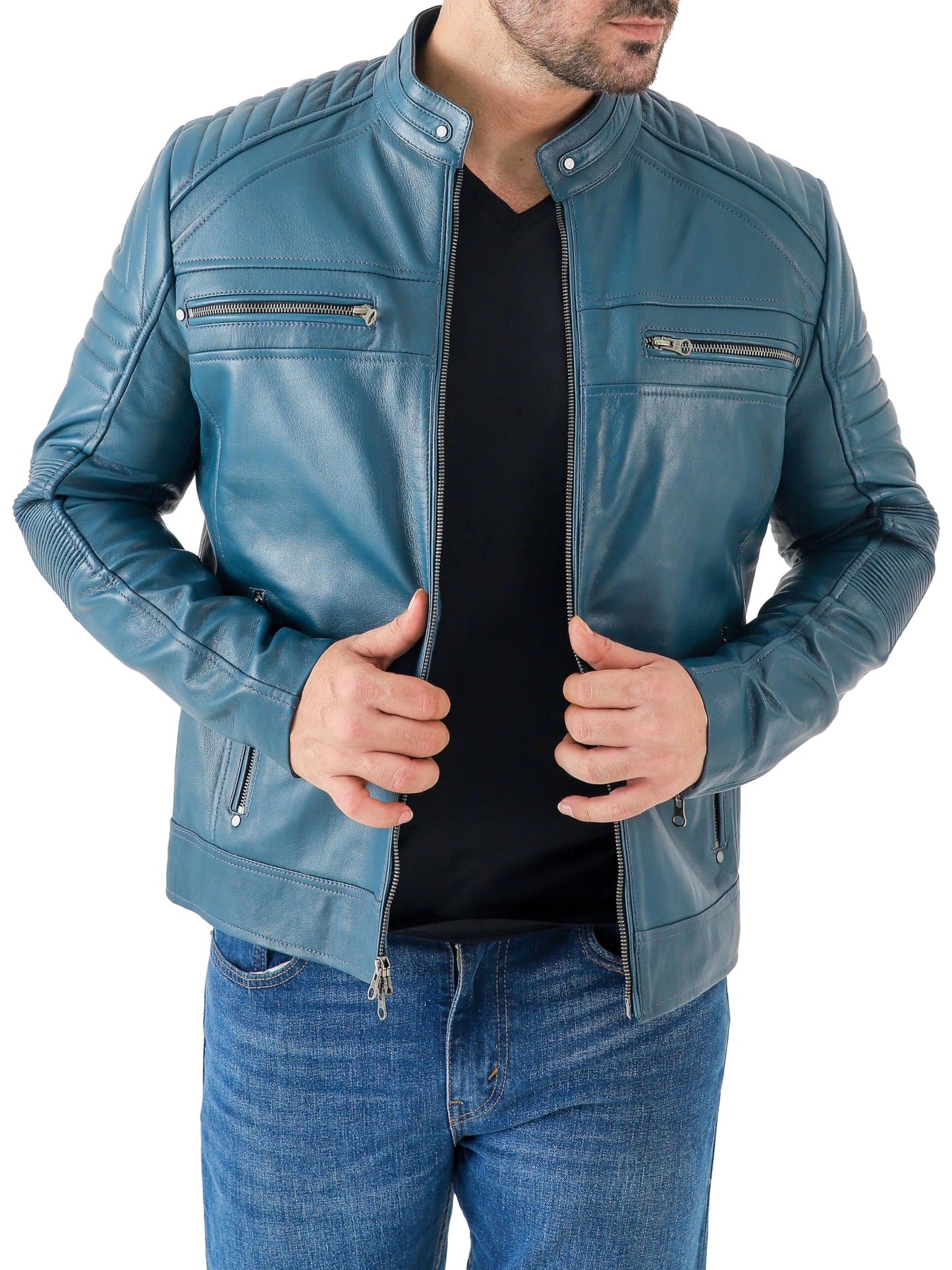 Jild Vintage Cafe Racer Leather Jacket Men - Hand Waxed Real Lambskin Leather Motorcycle Jacket (CRM-Blue-M)