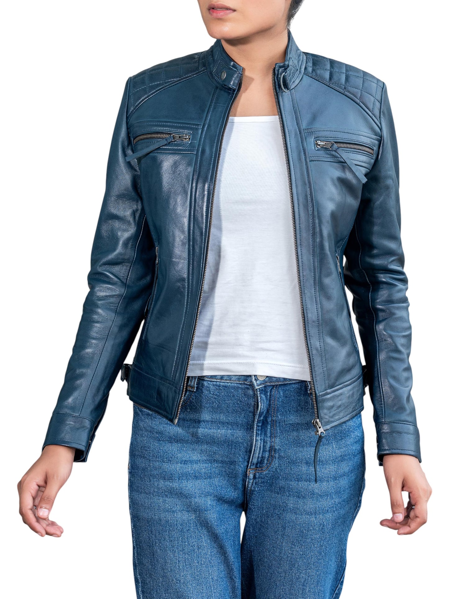Jild Quilted Design Leather Jacket Women - Cafe Racer Style Real Lambskin Womens Leather Jacket (DW-Blue-L)