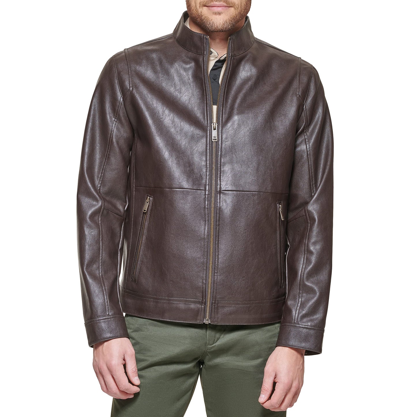 Dockers Men's The Dylan Faux Leather Racer Jacket, dark brown, Medium