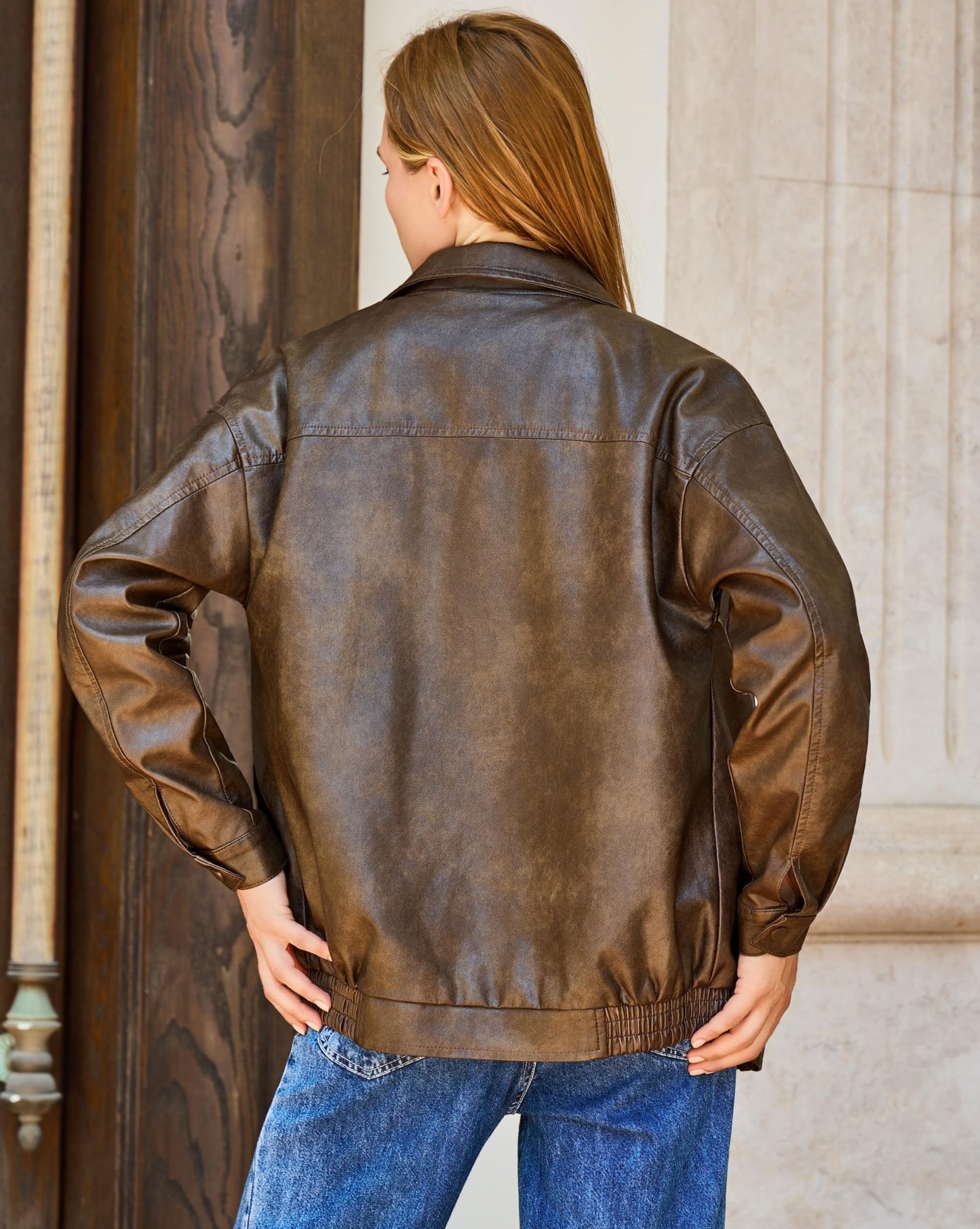 Women's Oversized Faux Leather Bomber Jacket, Zip Up Motorcycle Street Coat