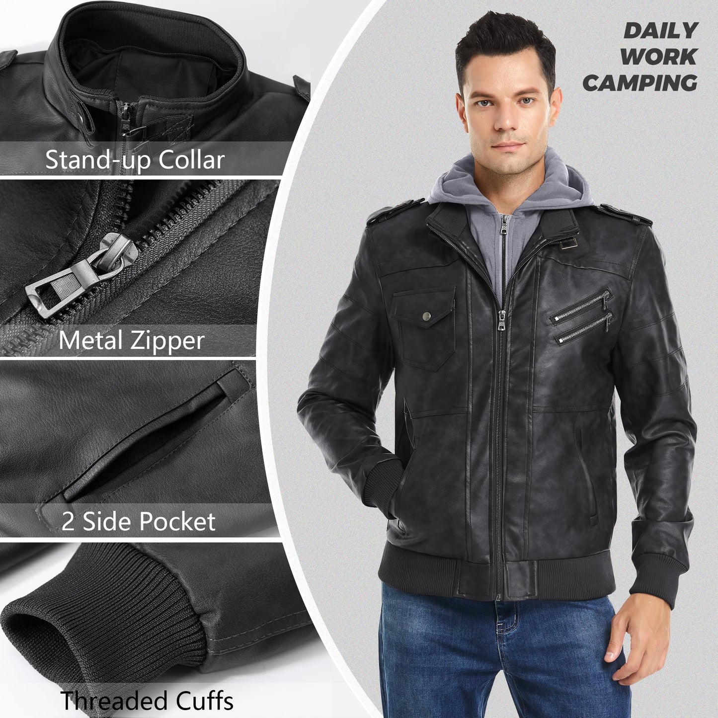 JYG Men's Faux Leather Jacket Stand Collar Motorcycle Bomber Jackets with Removable Hood (Black,S)