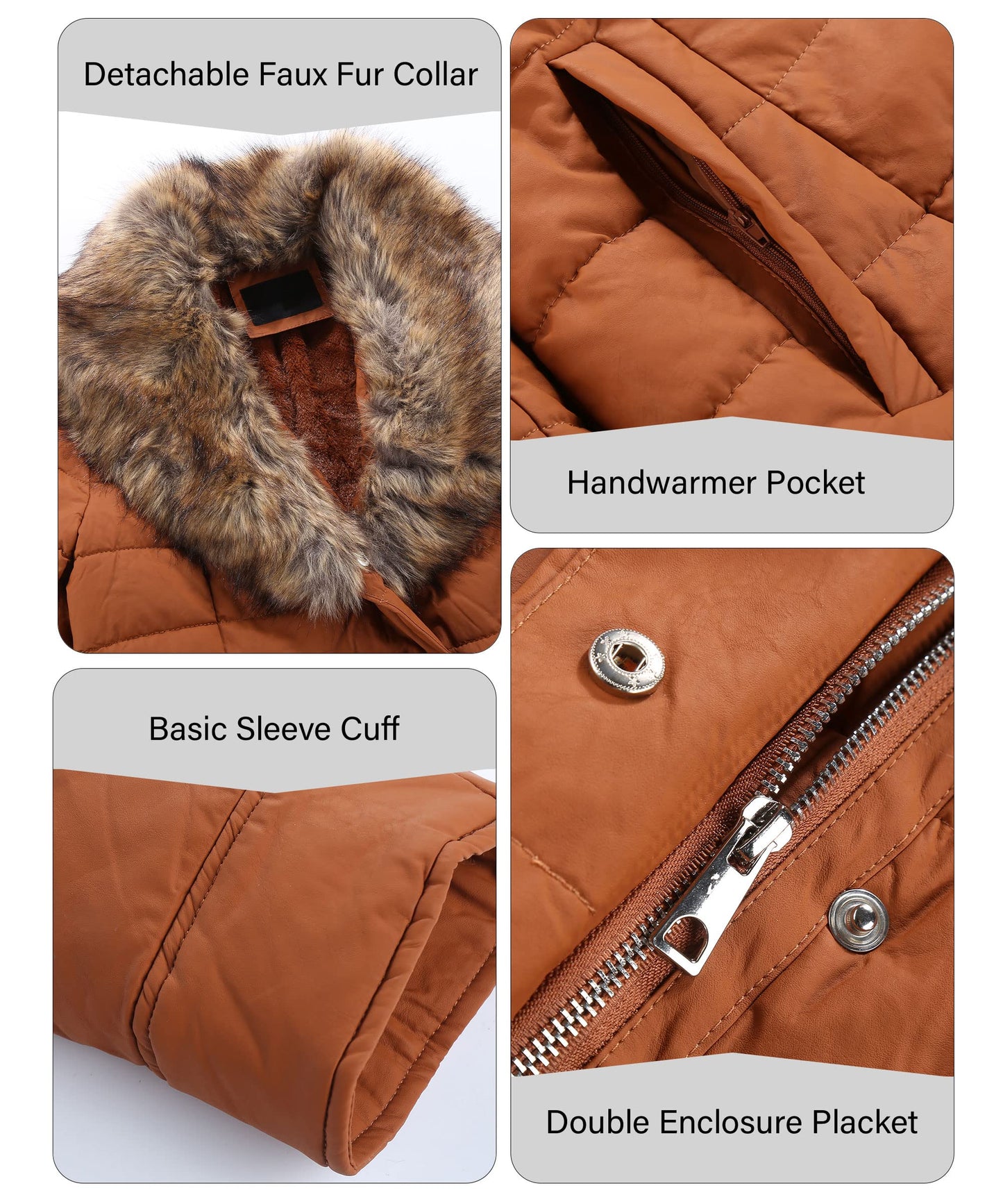 Bellivera Women's Winter Puffer Jacket Cold resistant patchwork plush lining Coat with Removable Fur Collar Hooded and Belted 5528CAMELS