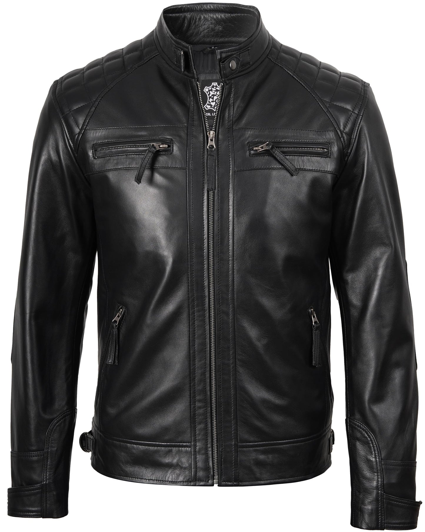 fjackets Real Lambskin Leather Biker Jacket — Quilted Cafe Racer Zip Up Moto Jacket Men Tall | [1118795] Johnson Black, XL