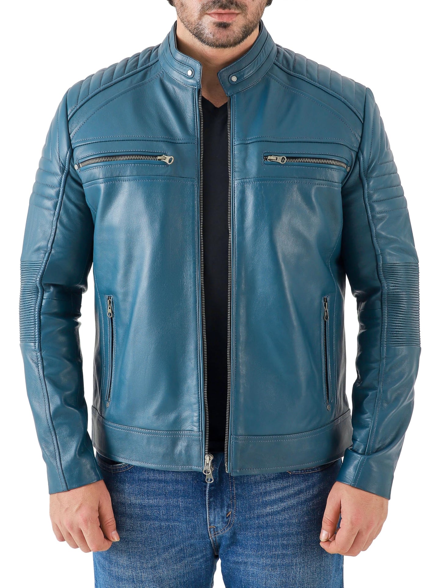Jild Vintage Cafe Racer Leather Jacket Men - Hand Waxed Real Lambskin Leather Motorcycle Jacket (CRM-Blue-M)