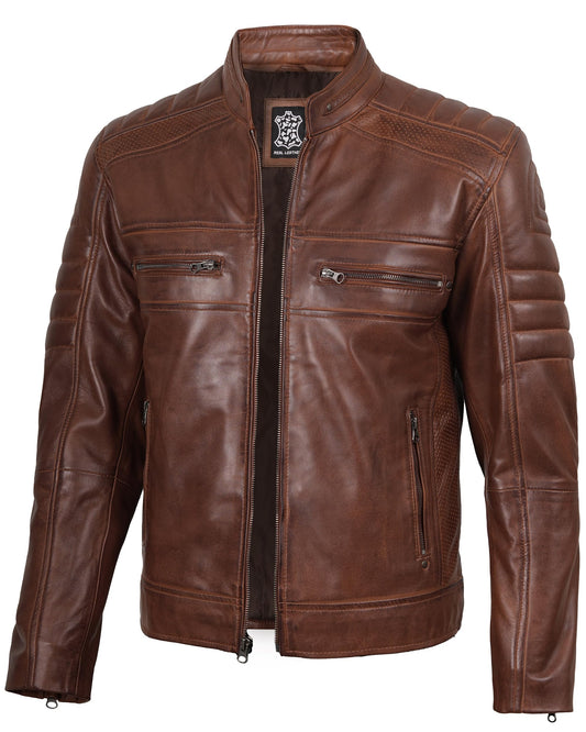 fjackets Men's Cafe Racer Leather Jacket - Austin Brown [1100064] L