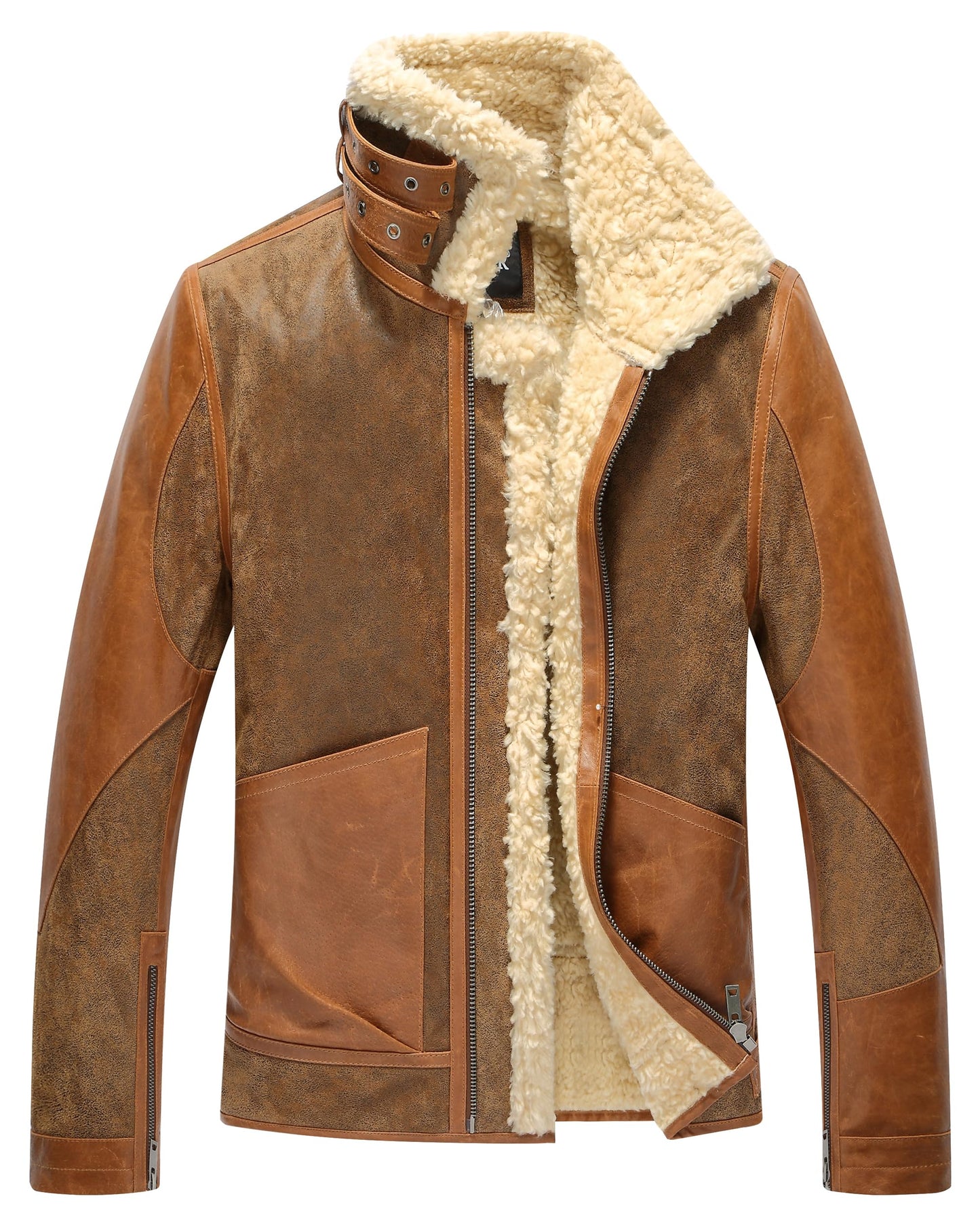 FLAVOR Mens Leather Bomber Jacket Warm Piolt Winter Shearling Jackets Aviator Coat (X-Large, Brown)