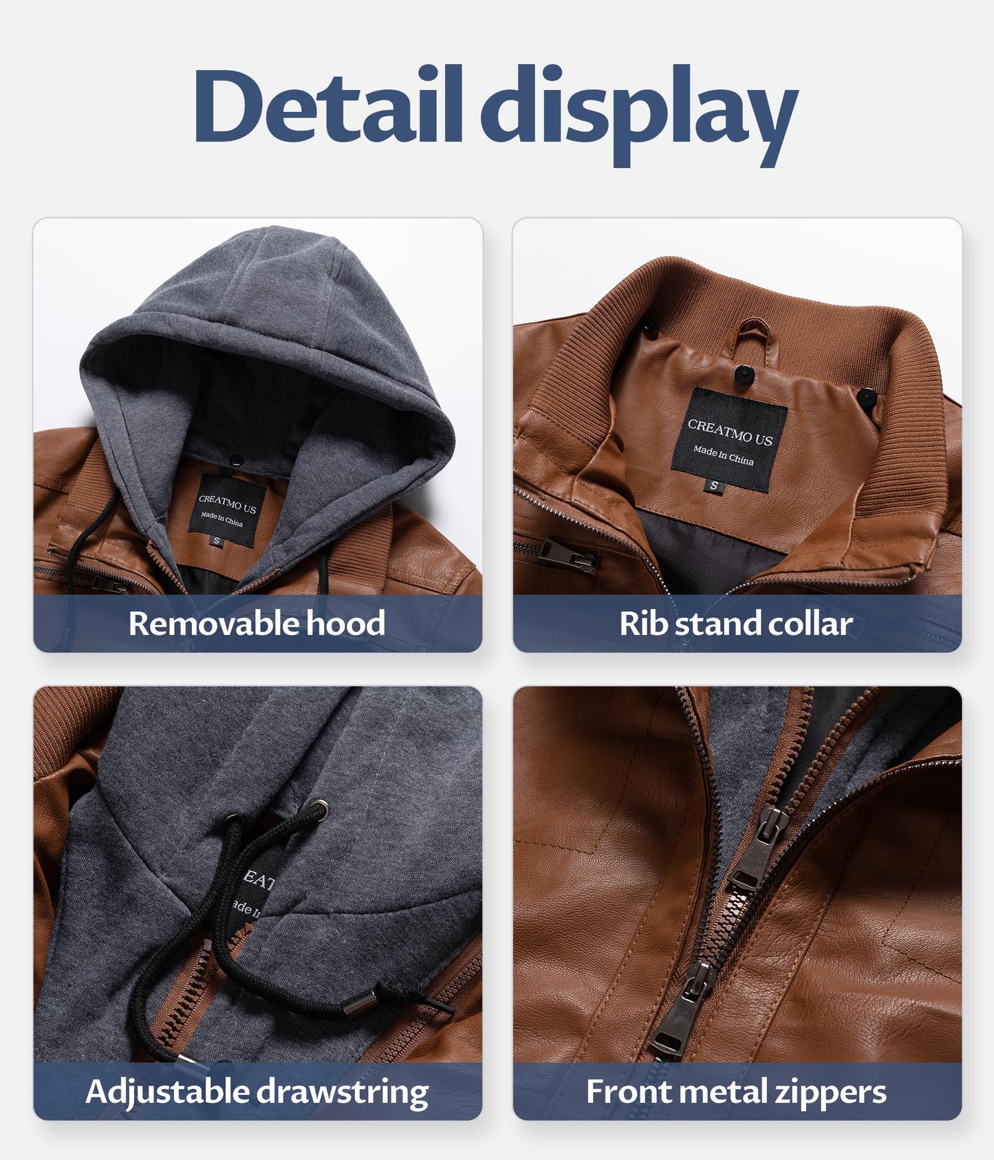 CREATMO US Faux Leather Jacket Women Womens Bomber Jackets Fashion Zip Up Lightweight Moto Biker Coat With Hood Brown 4XL