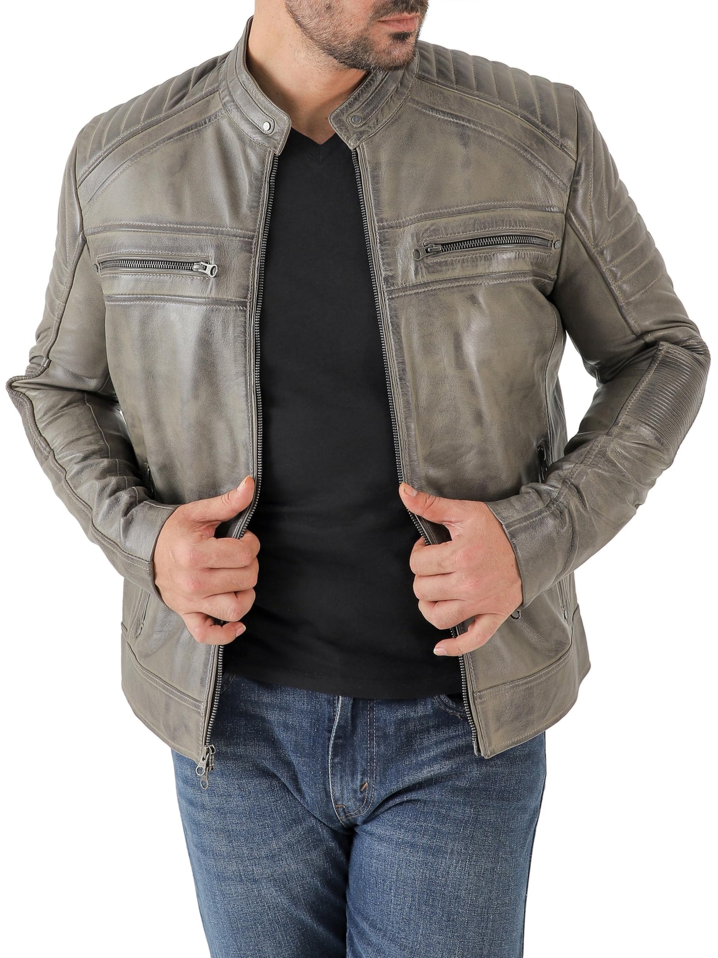 Jild Vintage Cafe Racer Leather Jacket Men - Hand Waxed Real Lambskin Leather Motorcycle Jacket (CRM-Grey-M)