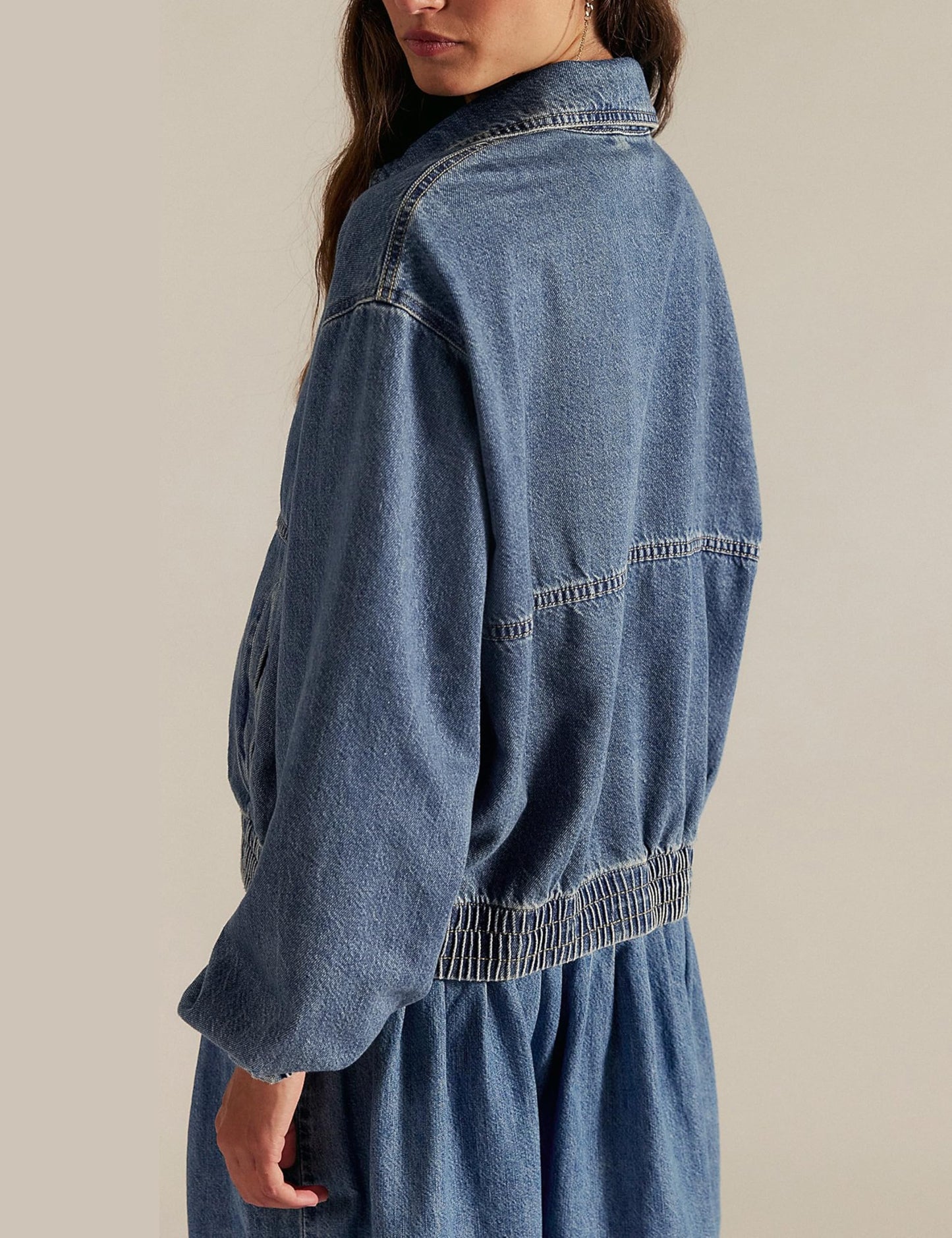 Bell Princess Womens Denim Jackets Long Sleeve Zip Up Elastic Hem Classic Loose Jean Bomber Jacket Outfit(0135-Blue-S)
