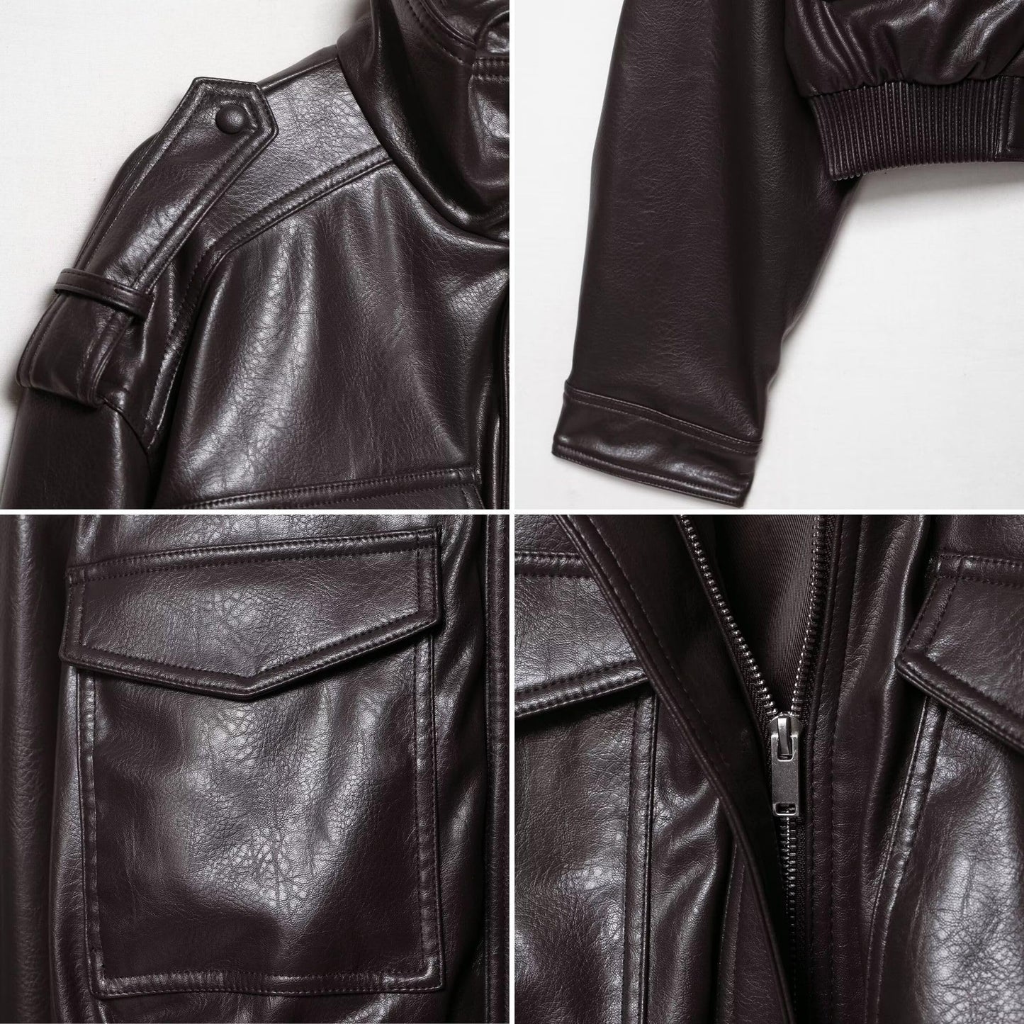 FindThy Women’s Cropped Faux Leather Jacket Vintage Stand Collar Long Sleeve Zip Up Fall Fashion Motorcycle Bomber Coats(4212-Brown-M-aLB)