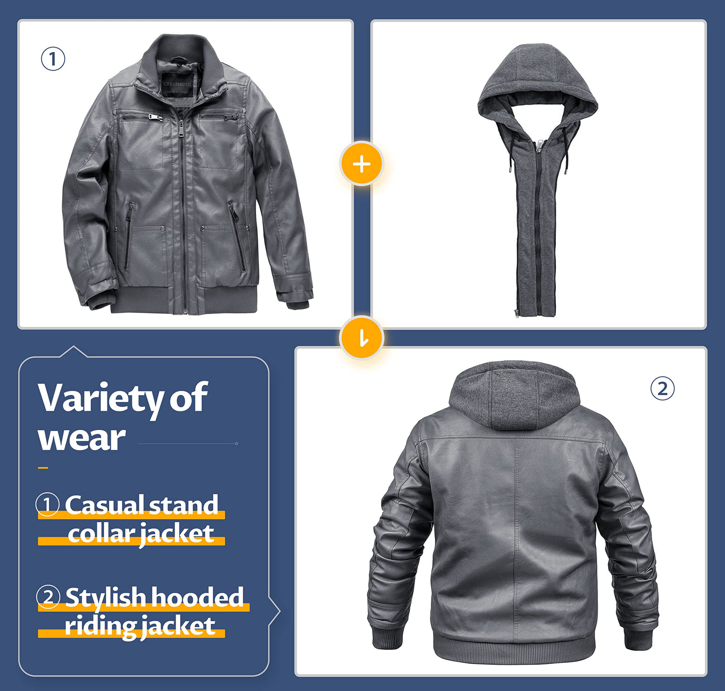CREATMO US Mens Leather Jacket Faux Leather Motorcycle Jacket with Removable Hood Grey S