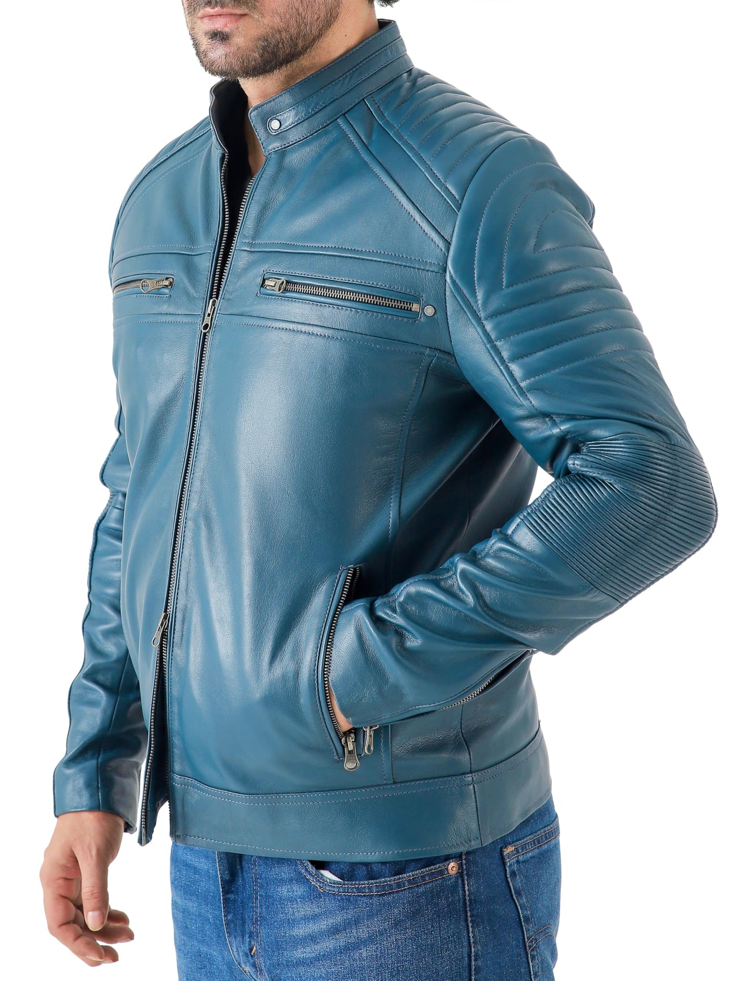 Jild Vintage Cafe Racer Leather Jacket Men - Hand Waxed Real Lambskin Leather Motorcycle Jacket (CRM-Blue-M)