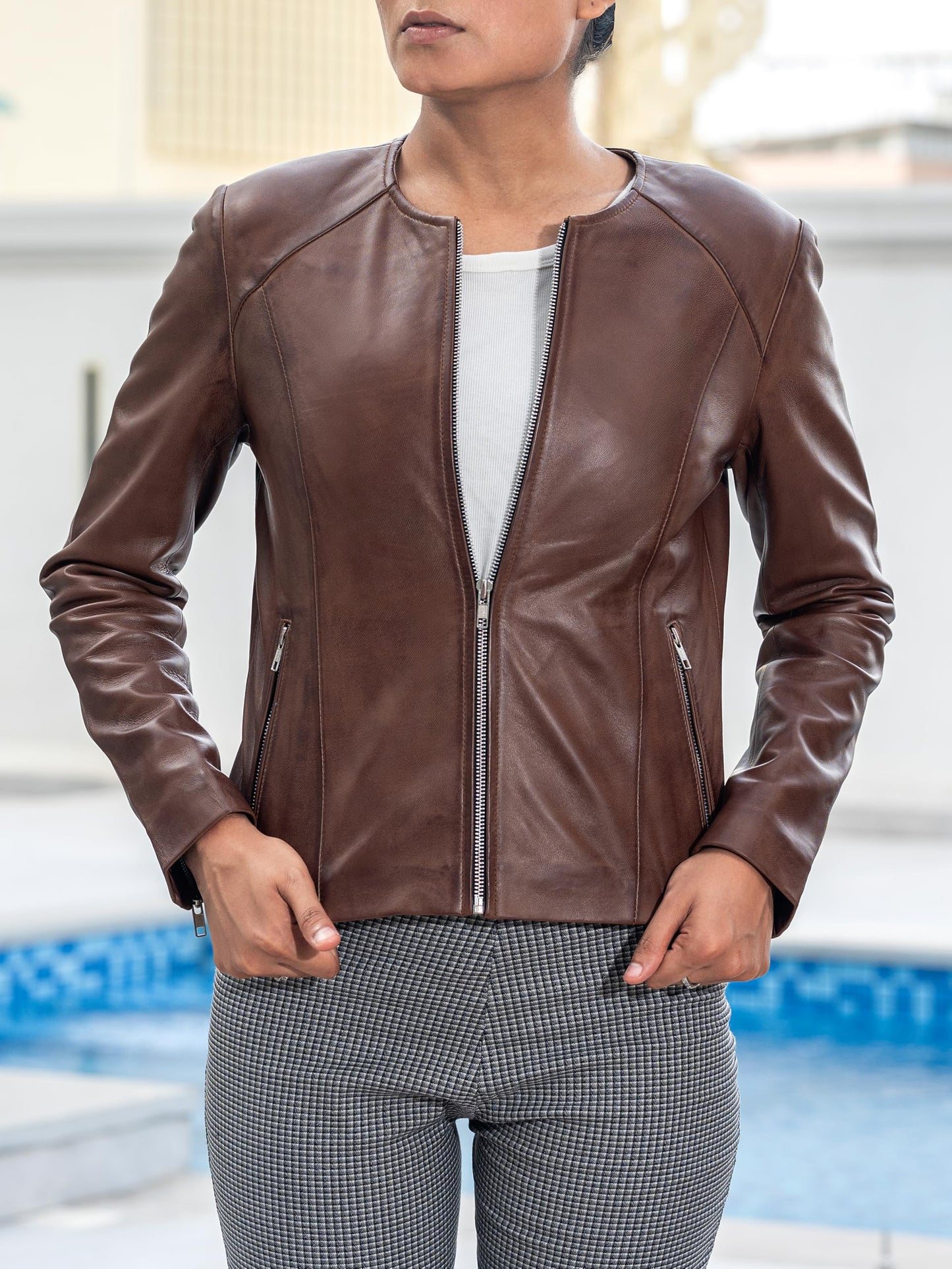 Jild Stylish Collarless Leather Jacket Women – Slim Fit Elegant Style Womens Lightweight Lambskin Leather Jacket (Bas.Wo-Cognac-S)