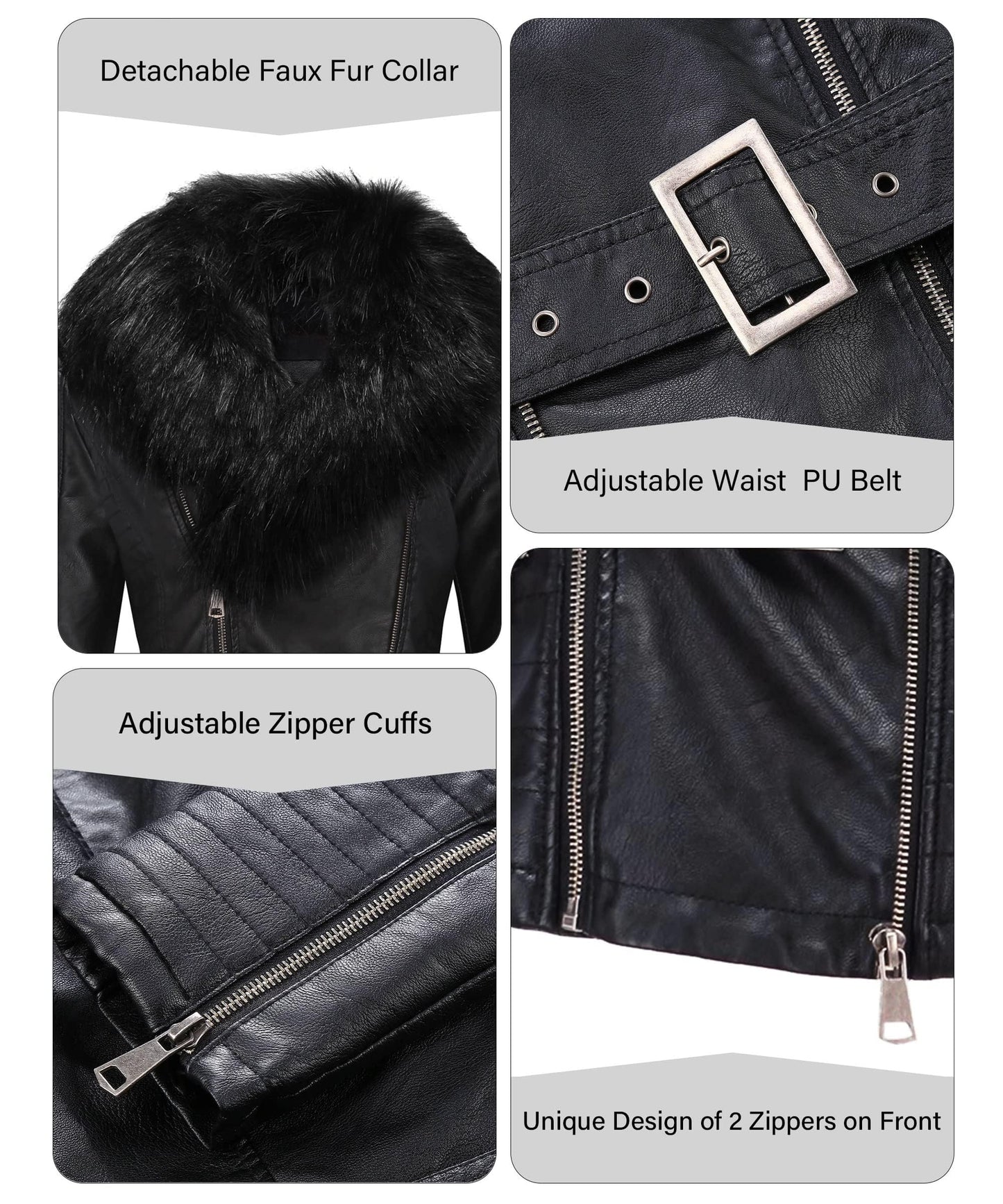 Bellivera Women's Faux Leather Short Jacket Moto Sherpa-Lined Belt Coat with Removable Fur Collar 9203 Black XL
