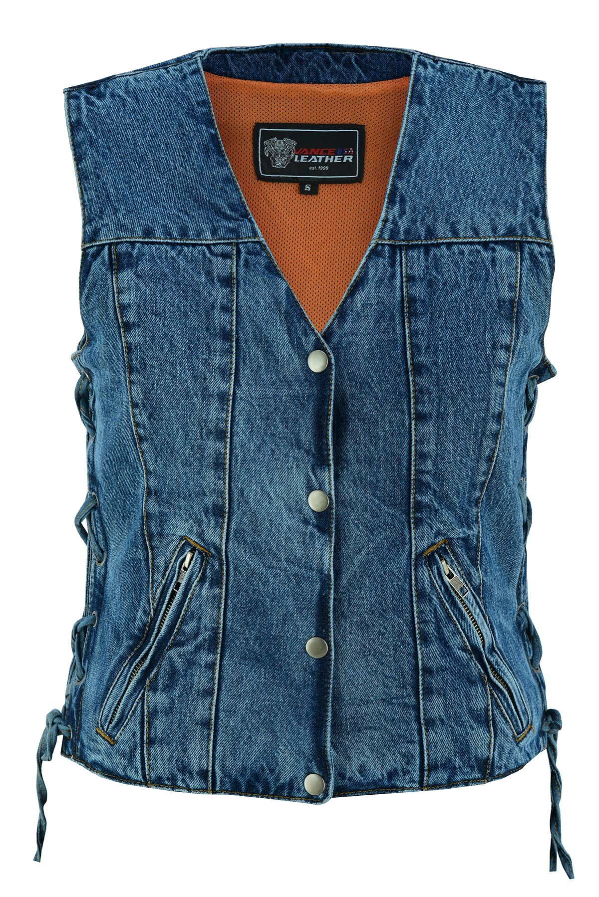 Vance Leather Women's Blue V-Neck Denim Motorcycle Vest, Classic Biker Riding Vest with Side Laces & Dual Interior Pockets (Blue, M)