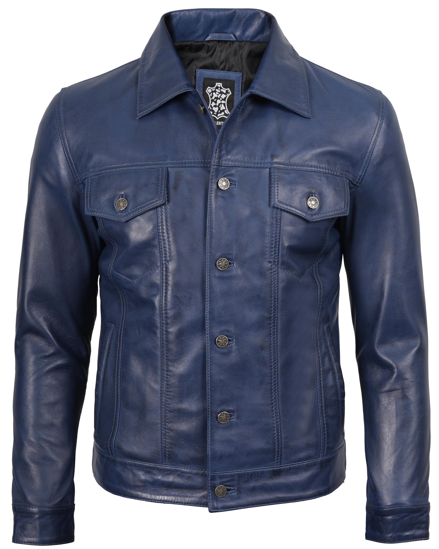 Decrum Men's Leather Jackets Shirt Vintage Collar | [1107333] Blue Frnando, M