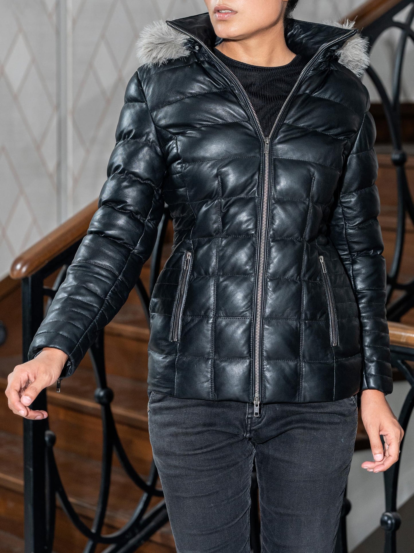 Jild Lambskin Leather Puffer Jacket Womens - Quilted Style Long Sleeves Womens Hooded Fur Winter Coat (Puf.Wo-Blk-L)