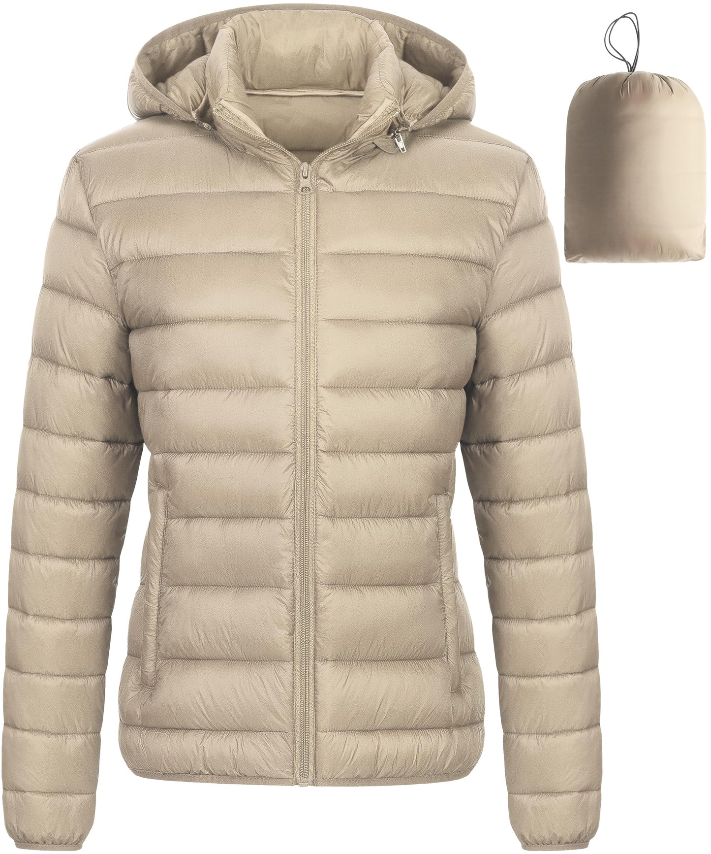 Chrisuno Winter Jackets For Women Women's Packable Puffer Jacket Lightweight Warm Quilted Coat With Detachable Hood Khaki 2XL