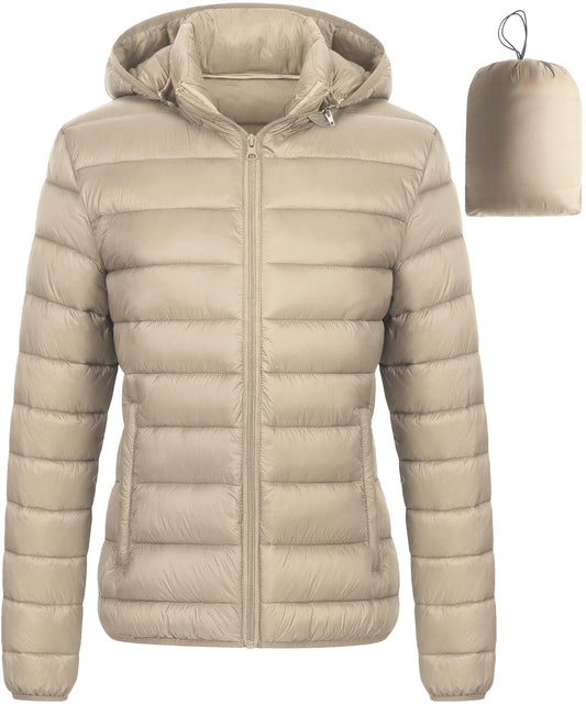 Chrisuno Winter Jackets For Women Women's Packable Puffer Jacket Lightweight Warm Quilted Coat With Detachable Hood Khaki 2XL