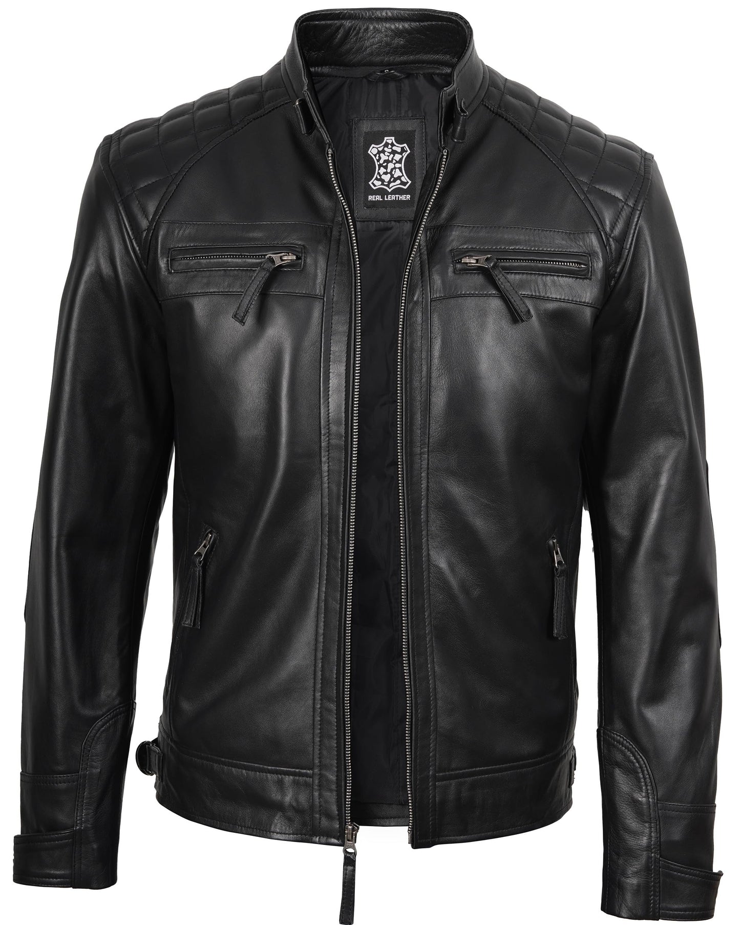 fjackets Real Lambskin Leather Biker Jacket — Quilted Cafe Racer Zip Up Moto Jacket Men Tall | [1118795] Johnson Black, XL