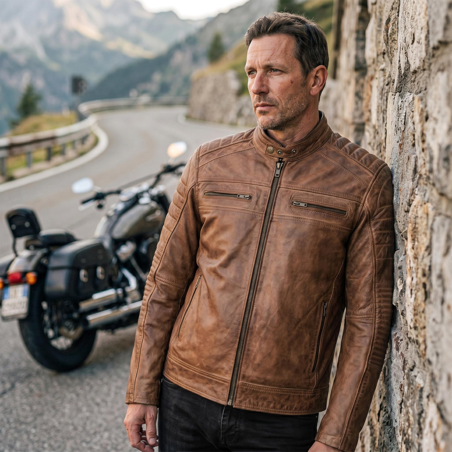 Leatherick Mens Distressed Tan Brown Genuine Leather Cafe Racer Biker Jacket Retro Style Vintage Jacket (US, Alpha, Large, Regular, Regular, Tan Brown)