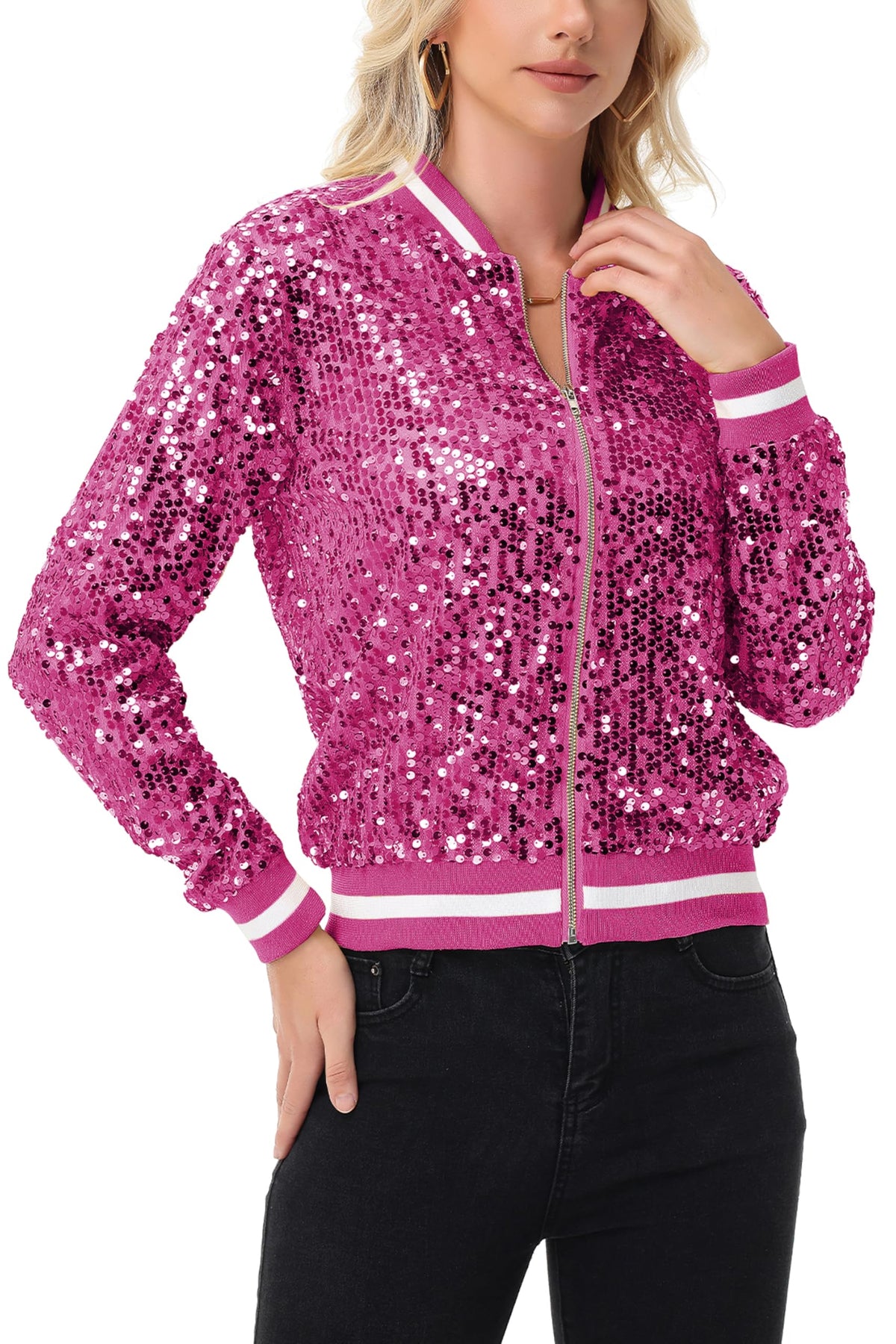 Anna-Kaci Women's Sparkly Sequin Bomber Jacket with Zipper, Hot Pink, L