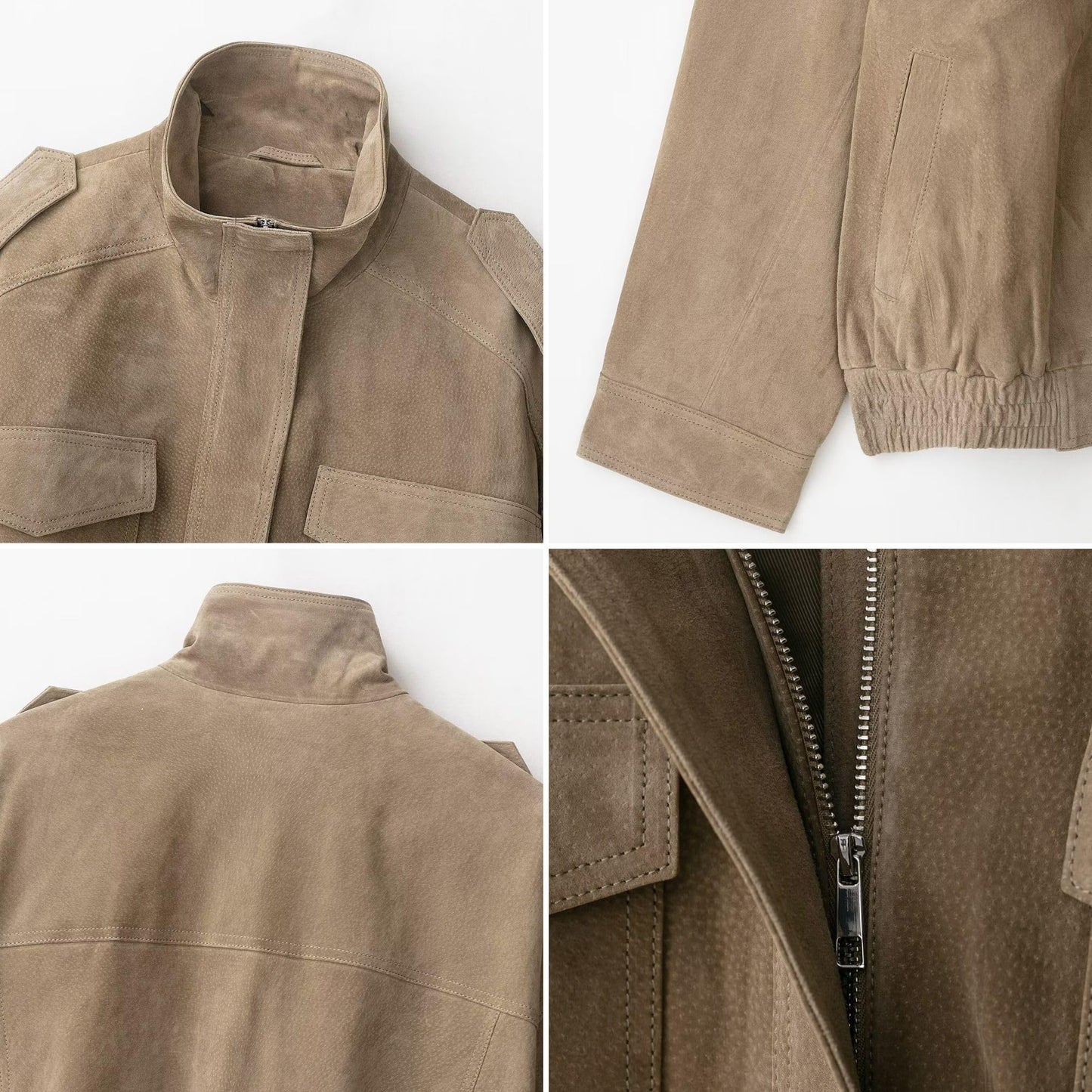 FindThy Women’s Suede Leather Jacket Vintage High Collar Long Sleeve Zip Up Oversized Outerwear Coat with Pockets(4196-Khaki-L-LB)