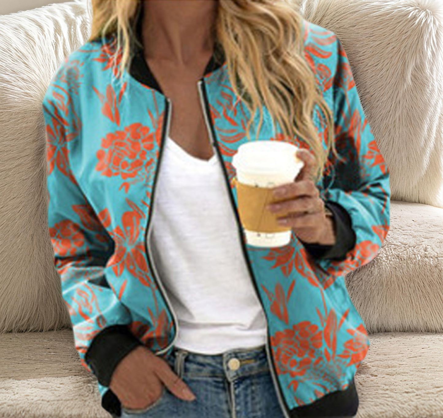 HipGlamp Women's Floral Blue Bomber Jacket Printed Casual Zip Up Vintage Coat with Ribbed Het