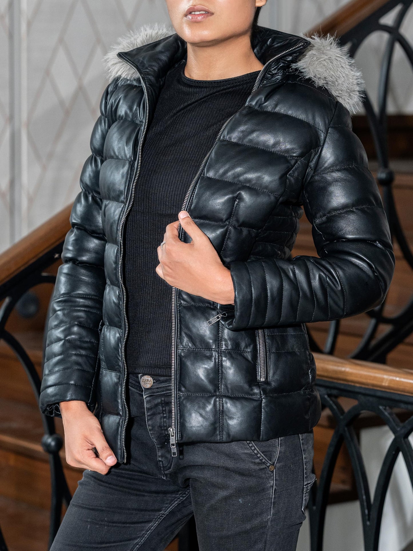 Jild Lambskin Leather Puffer Jacket Womens - Quilted Style Long Sleeves Womens Hooded Fur Winter Coat (Puf.Wo-Blk-L)