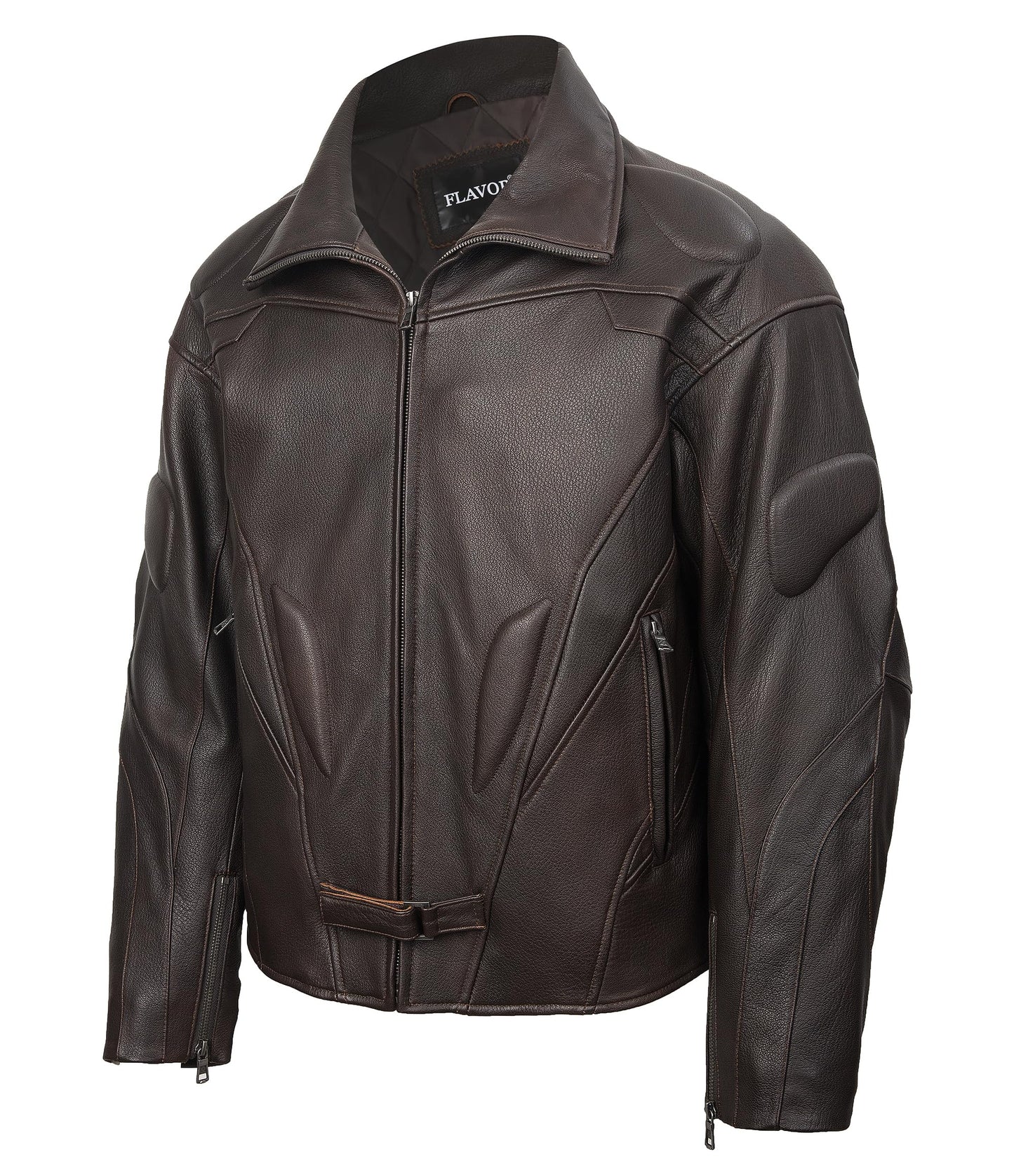 FLAVOR Men's Classic Genuine Lambskin Leather Motorcycle Jacket Windproof (Dark Brown, L)