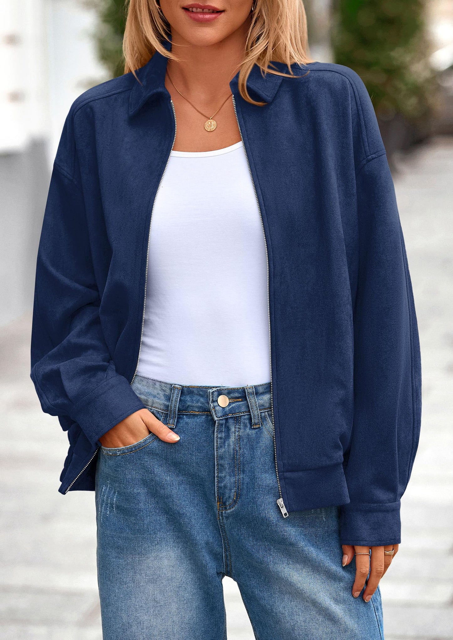 PRETTYGARDEN Faux Suede Bomber Jacket Women Fall Fashion 2026 Casual Zip Up Oversized Trendy Winter Clothing Outerwear Coats (Navy Blue,Small)