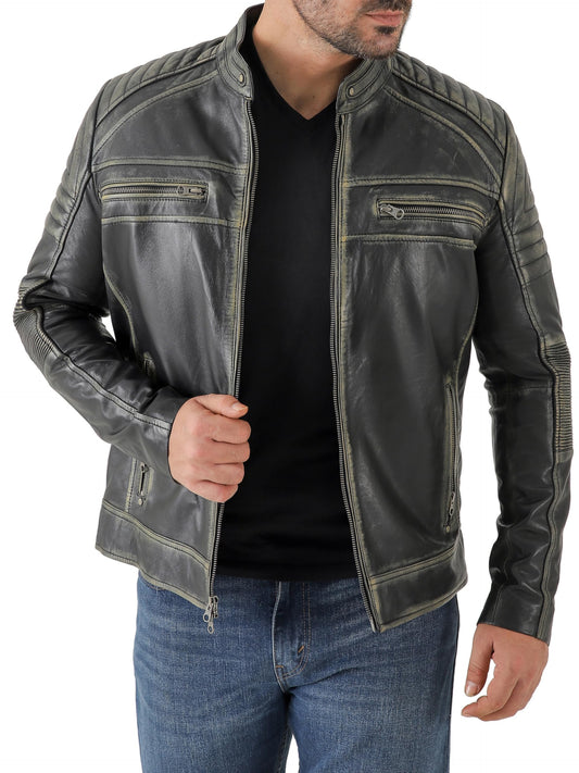 Jild Vintage Cafe Racer Leather Jacket Men - Hand Waxed Real Lambskin Leather Motorcycle Jacket (CRM-Blk.Rub-M)