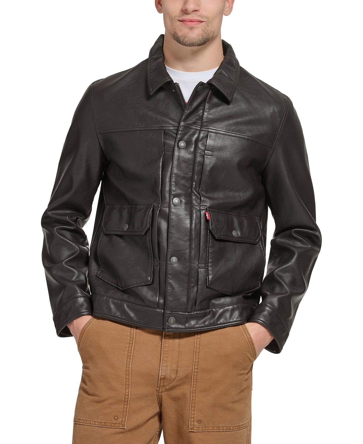 Levi's Men's Lightweight Trucker Shirt Jacket, Dark Brown Faux Leather, X-Large
