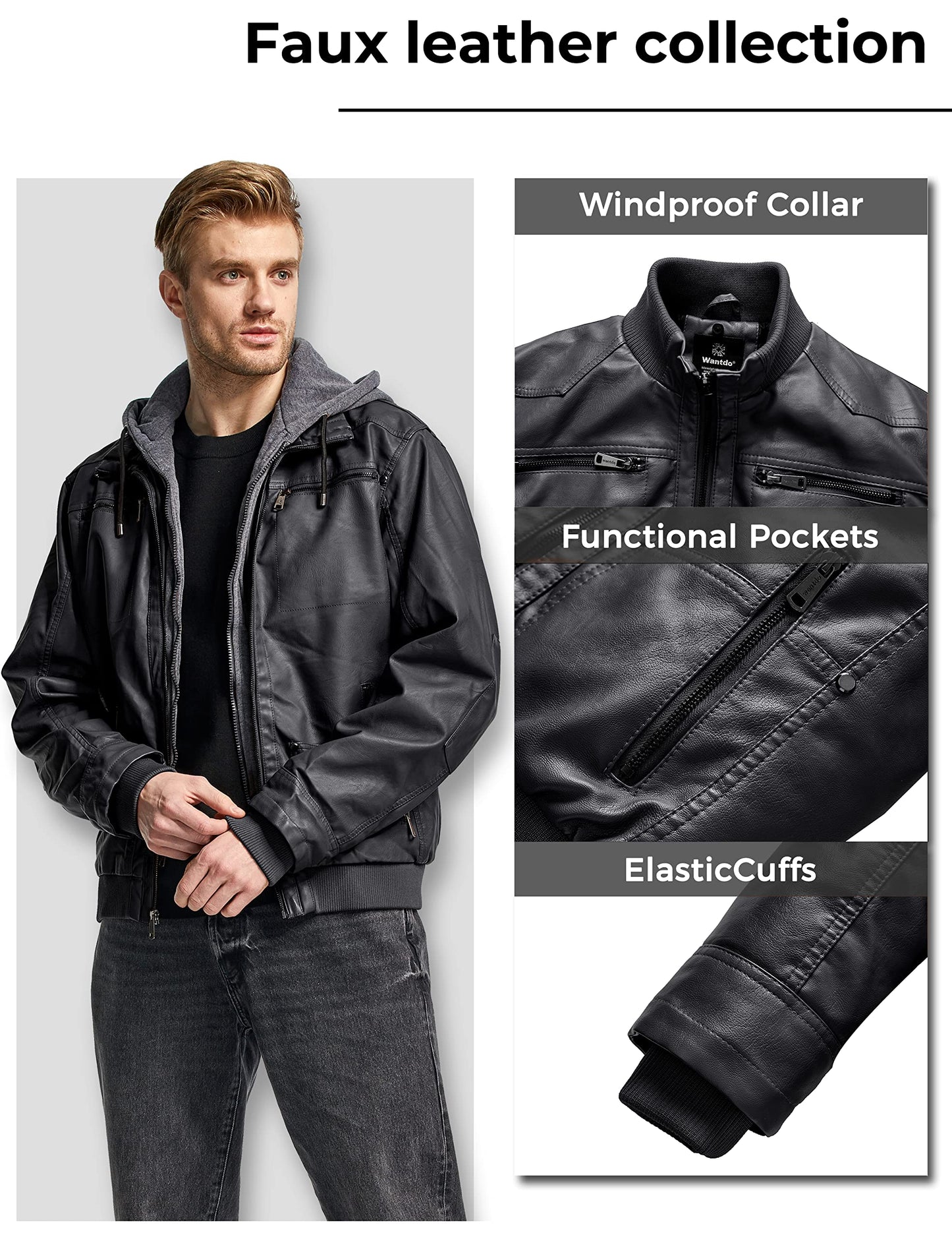 wantdo Men's Motorcycle Leather Jacket Hooded Biker Jacket XXXX-Large Black(Thick)