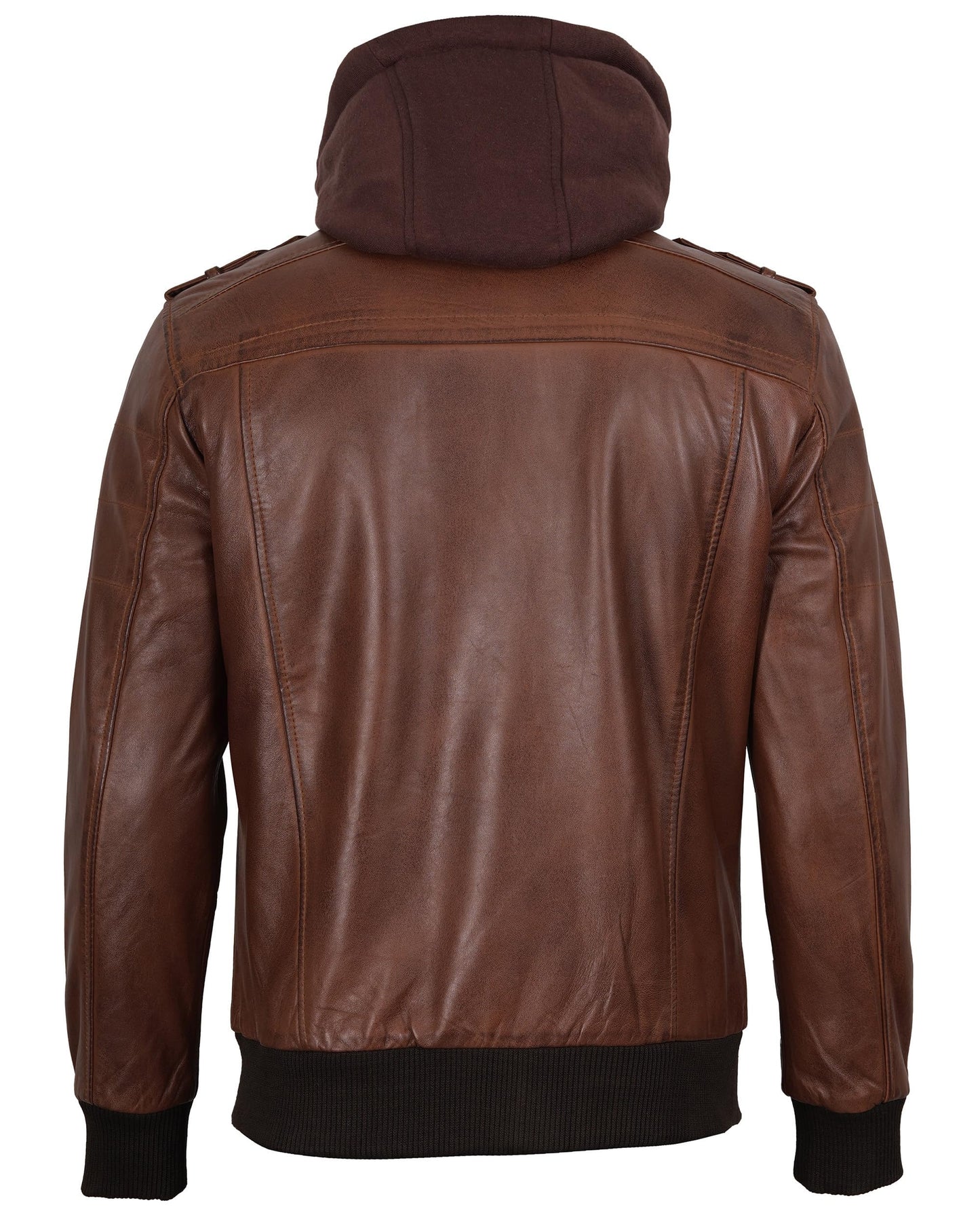 fjackets Real Leather Bomber Jacket Men - Motorcycle Stand Collar with a Removable Hood | [1100154] Edinburgh Brown, L
