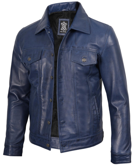 Decrum Men's Leather Jackets Shirt Vintage Collar | [1107333] Blue Frnando, M