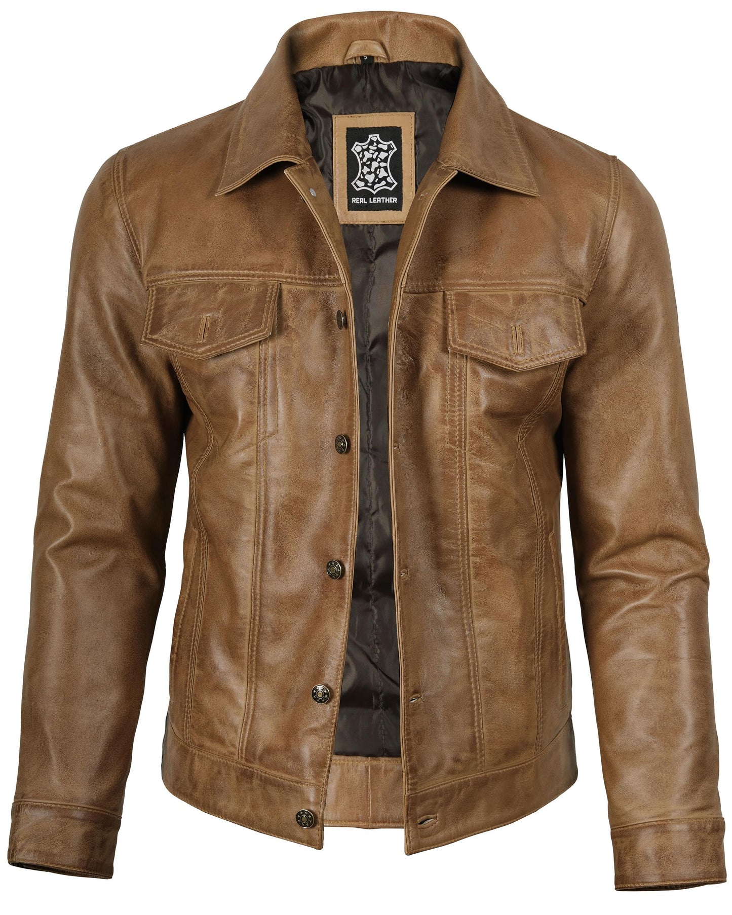 Premium Lambskin Leather Vintage Trucker Jacket Men - Shirt Collar Jackets For Mens | [1107375] Frnando Yellow, XL