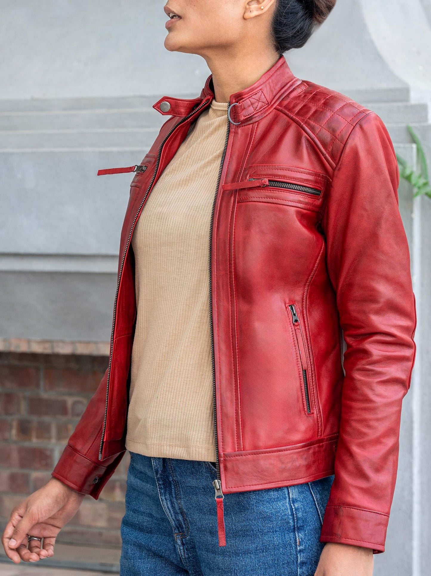 Jild Quilted Design Leather Jacket Women - Cafe Racer Style Real Lambskin Womens Leather Jacket (DW-Red-XL)