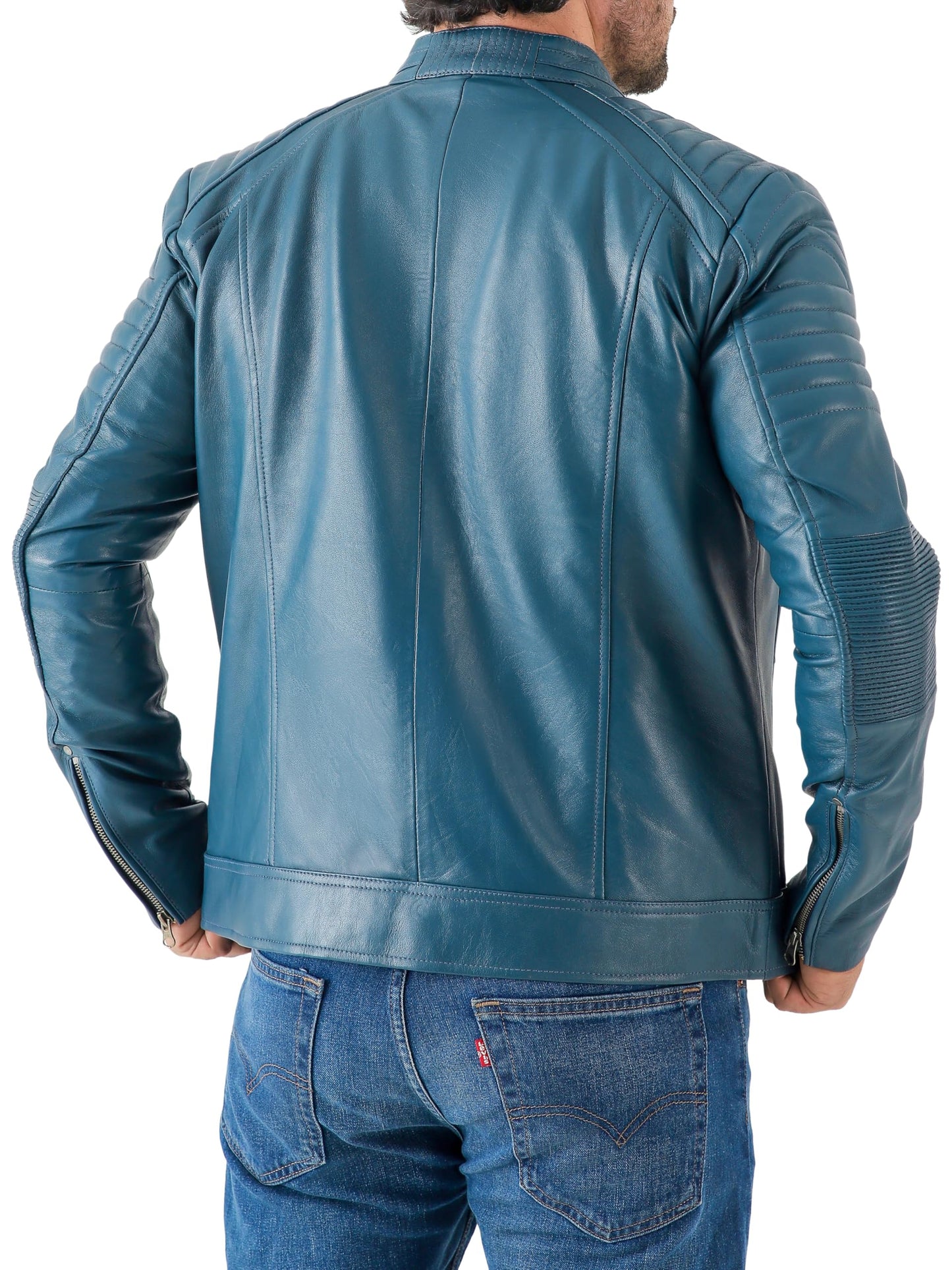 Jild Vintage Cafe Racer Leather Jacket Men - Hand Waxed Real Lambskin Leather Motorcycle Jacket (CRM-Blue-M)