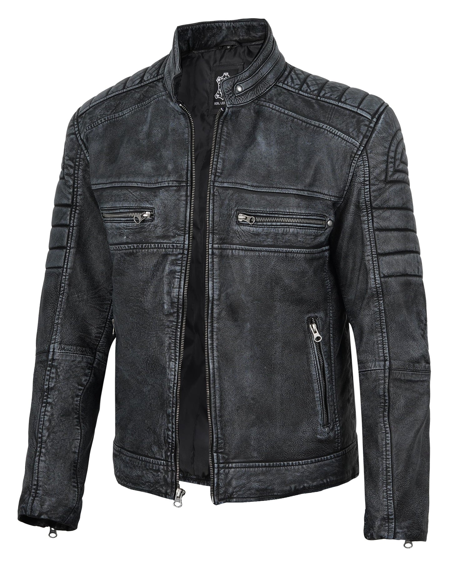 fjackets Cafe Racer Leather Jacket Men - Real lambskin leather jacket men Motorcycle Jacket Mens Austin Men's Distressed washed | [1132614] Black, L