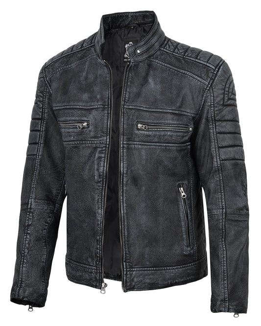 fjackets Cafe Racer Leather Jacket Men - Real lambskin leather jacket men Motorcycle Jacket Mens Austin Men's Distressed washed | [1132614] Black, L