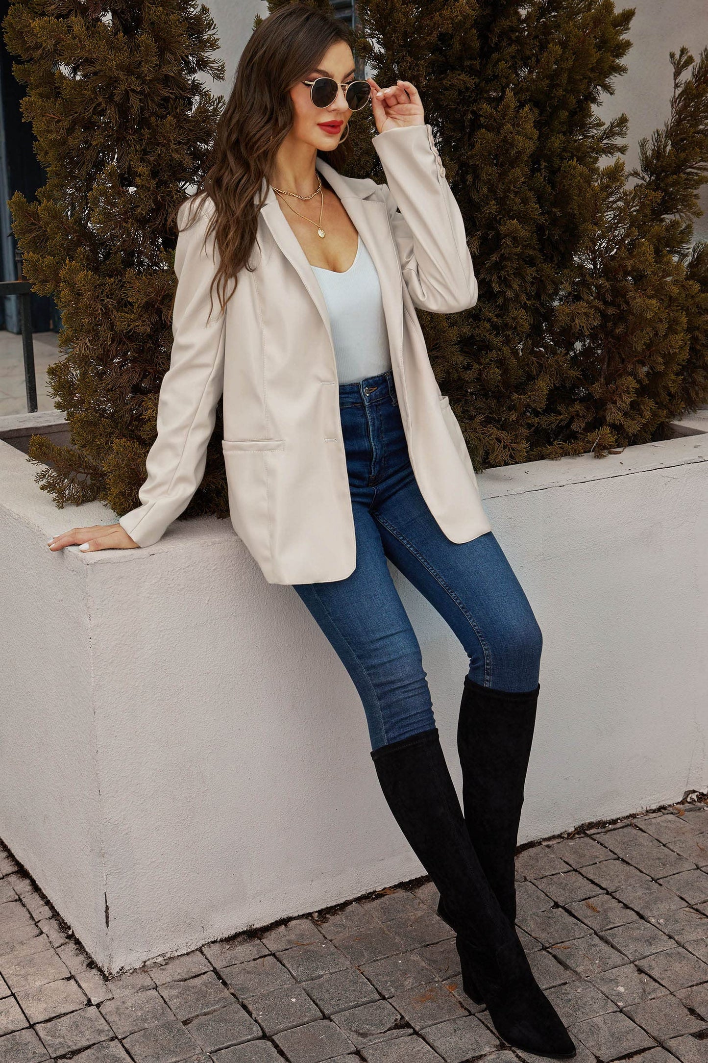 RISISSIDA Women Faux Leather Blazer Jacket,Soft PLeather PU Coat,White,M